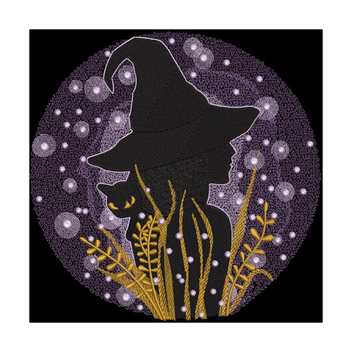 Halloween witch with black cat embroidery design - Embroidery Design