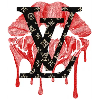 Lv mash embroidery design featuring intricate logo patterns in vibrant colors on a textured fabric background.