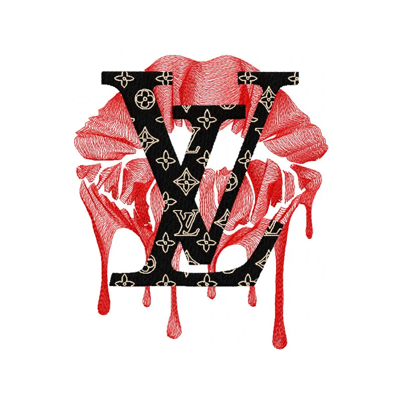 Lv mash embroidery design featuring intricate logo patterns in vibrant colors on a textured fabric background.