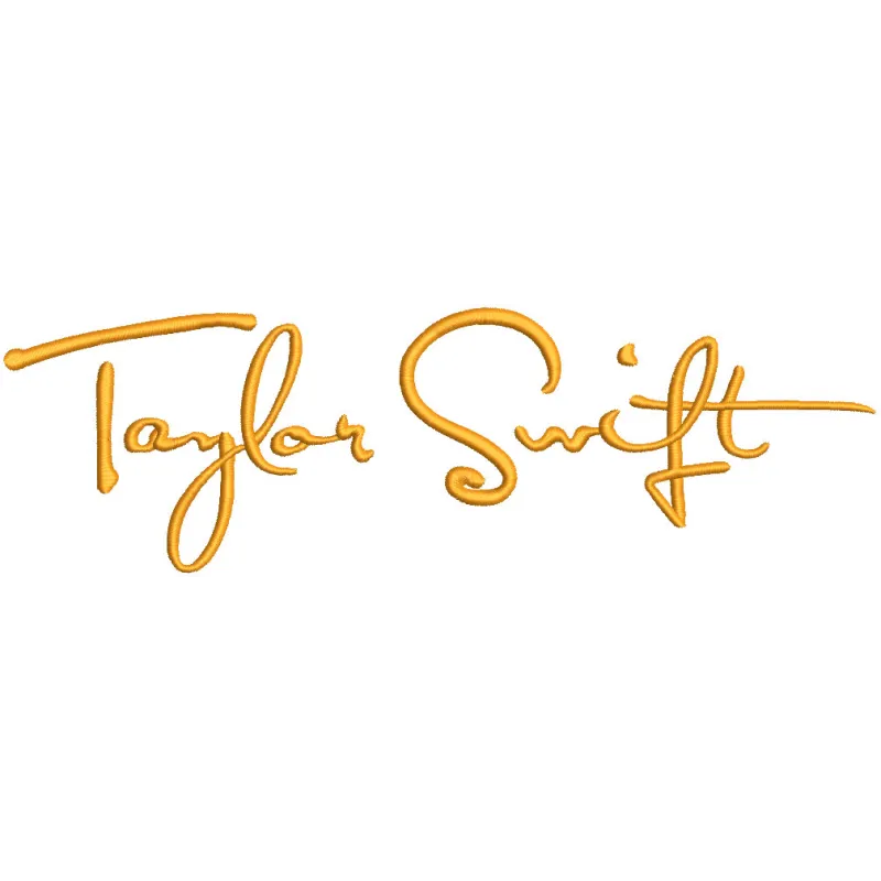 Taylor Swift logo embroidery design featuring stylish lettering and intricate stitching details on a textured background.