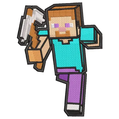 Steve Minecraft embroidery design featuring a pixelated character with a blocky style on a colorful background.