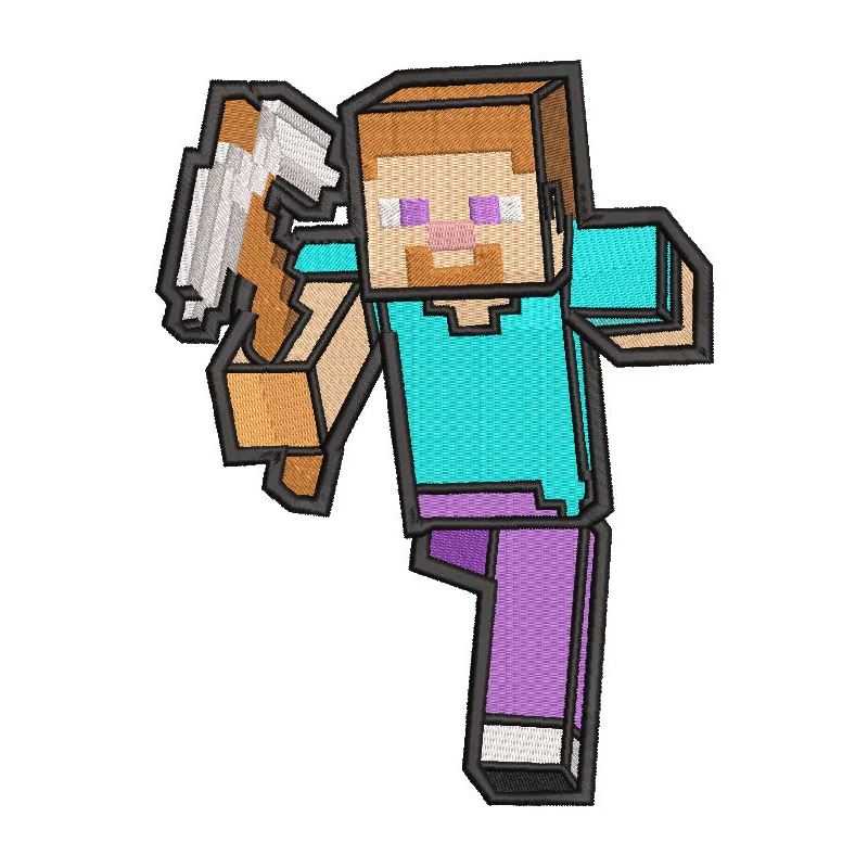 Steve Minecraft embroidery design featuring a pixelated character with a blocky style on a colorful background.