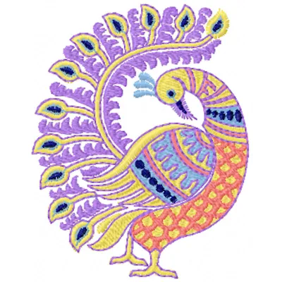 Intricate peacock embroidery design showcasing vibrant colors and detailed feather patterns on fabric.