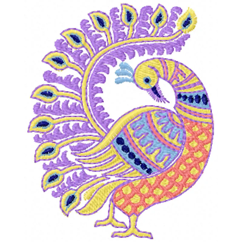 Intricate peacock embroidery design showcasing vibrant colors and detailed feather patterns on fabric.