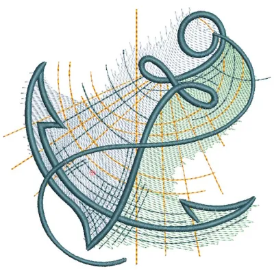 Anchor graphic improvisation embroidery design featuring intricate stitching and nautical elements on fabric.