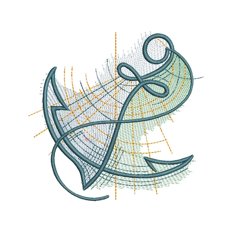 Anchor graphic improvisation embroidery design featuring intricate stitching and nautical elements on fabric.