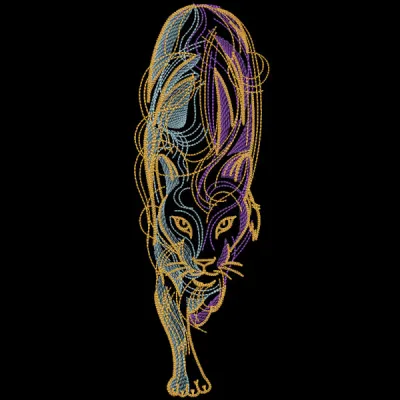 Embroidery design of a tiger walking under a night sky, showcasing intricate details and vibrant colors.