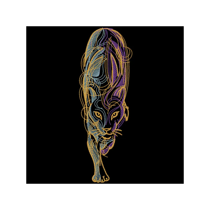 Embroidery design of a tiger walking under a night sky, showcasing intricate details and vibrant colors.