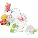 Bunny and flowers embroidery design featuring a cute bunny surrounded by colorful floral patterns.