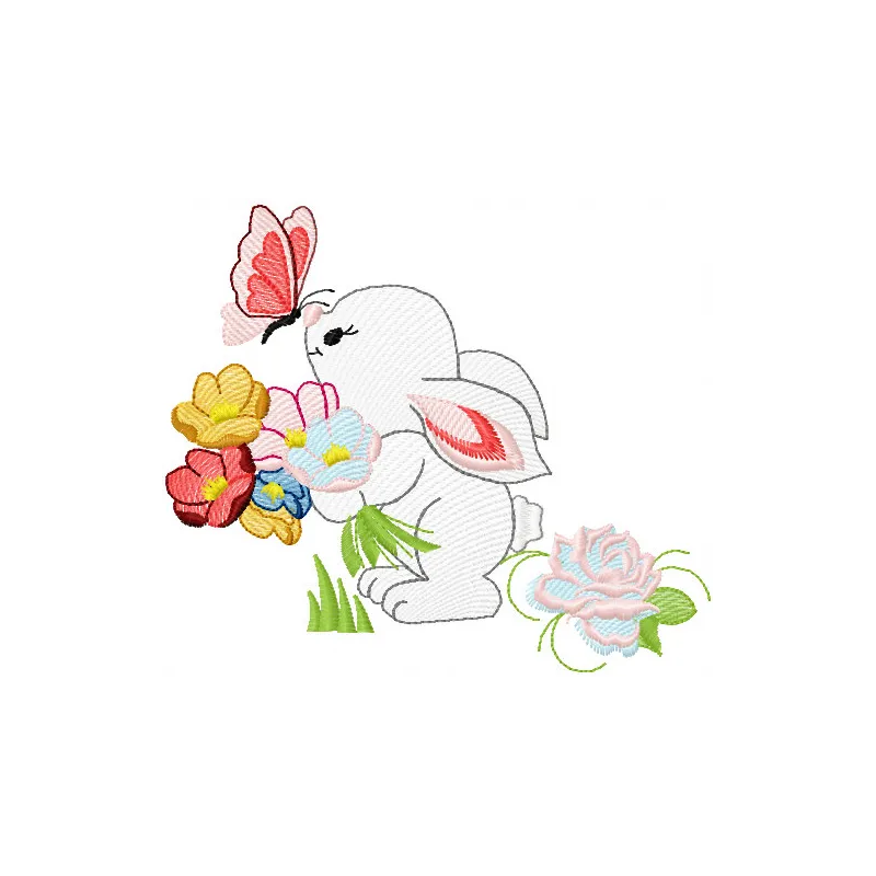 Bunny and flowers embroidery design featuring a cute bunny surrounded by colorful floral patterns.