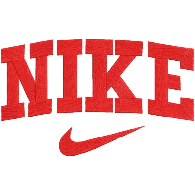 Nike red logo embroidery design featuring the iconic swoosh emblem on a textured fabric background.