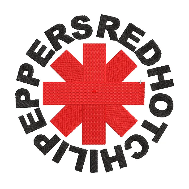 Red Hot Chili Peppers logo embroidery design featuring a bold starburst pattern in red and black on fabric.