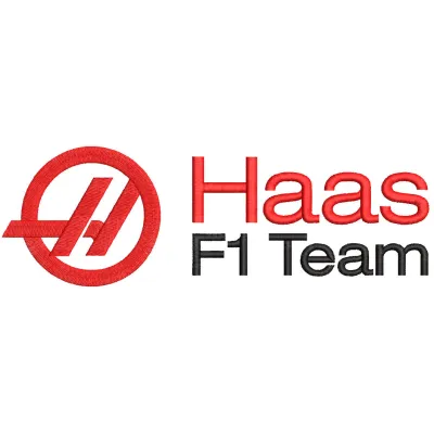 Haas F1 Team logo embroidery design featuring the iconic red and white colors on a fabric background.