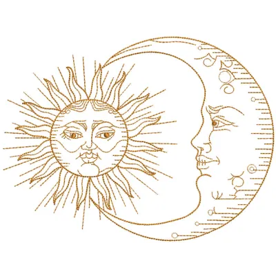 Gold crescent and moon embroidery design featuring intricate stitching and a shimmering finish on a dark fabric background.