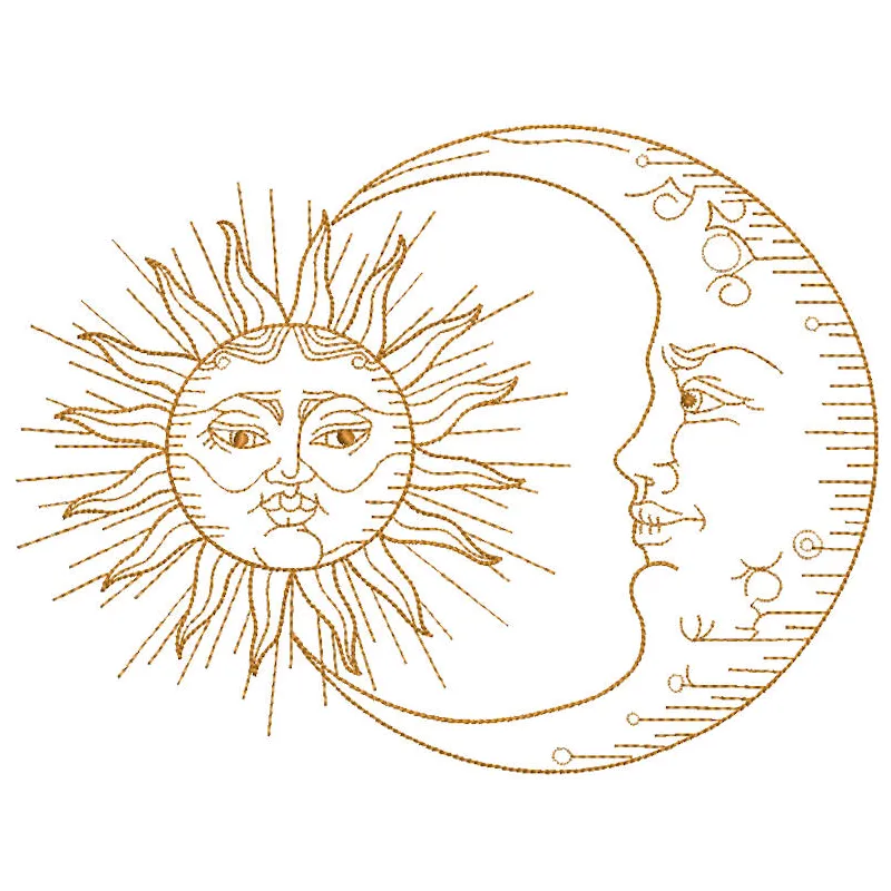 Gold crescent and moon embroidery design featuring intricate stitching and a shimmering finish on a dark fabric background.