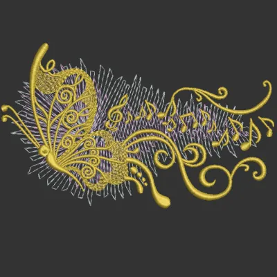 Butterfly music wave embroidery design featuring colorful butterflies and musical notes in intricate patterns.