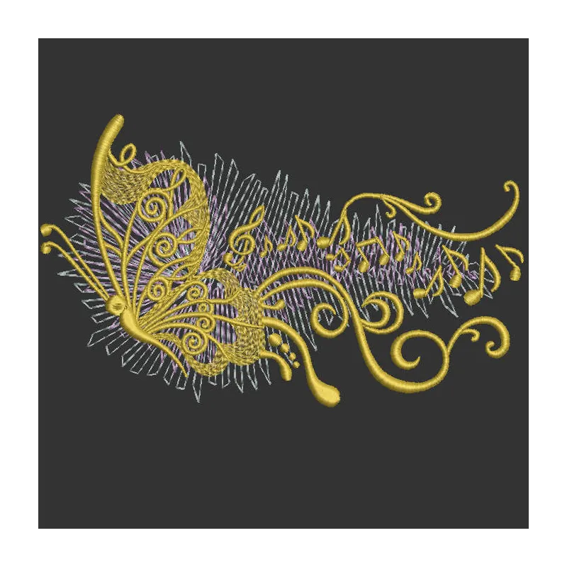 Butterfly music wave embroidery design featuring colorful butterflies and musical notes in intricate patterns.