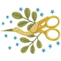 Golden crane scissors embroidery design featuring intricate details and elegant golden hues, perfect for craft projects.