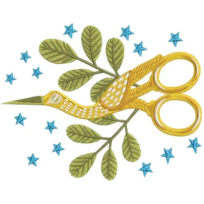Golden crane scissors embroidery design featuring intricate details and elegant golden hues, perfect for craft projects.