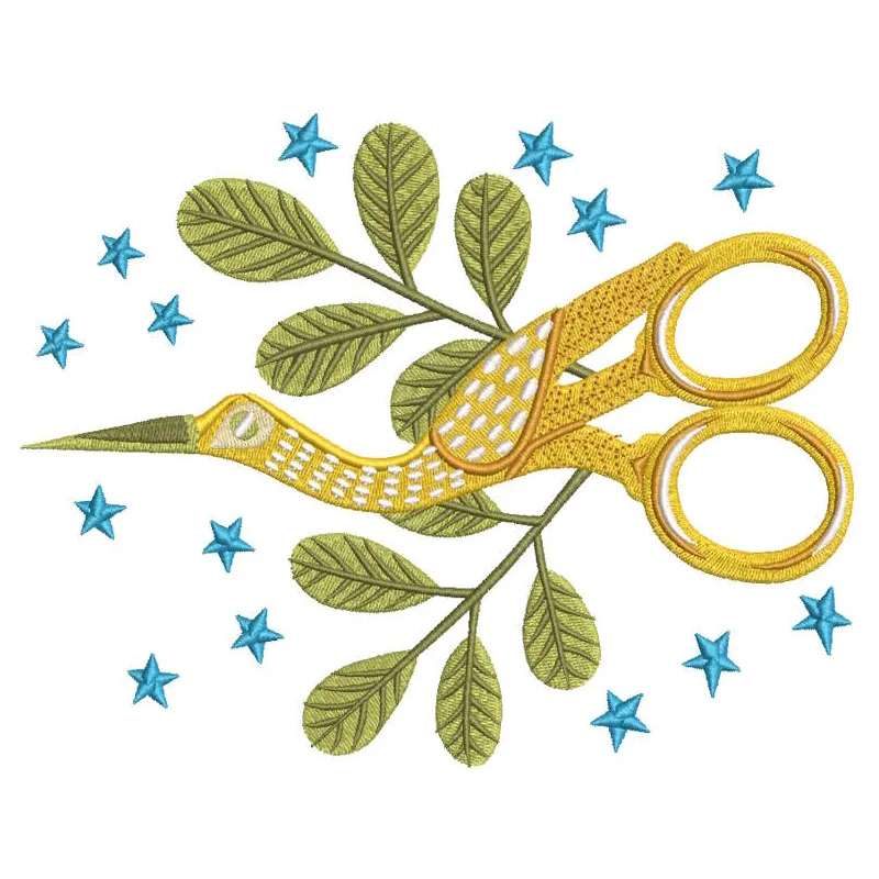 Golden crane scissors embroidery design featuring intricate details and elegant golden hues, perfect for craft projects.