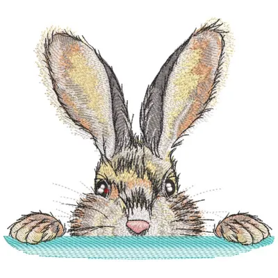 Hiding bunny embroidery design featuring a cute, whimsical bunny peeking from behind colorful flowers.