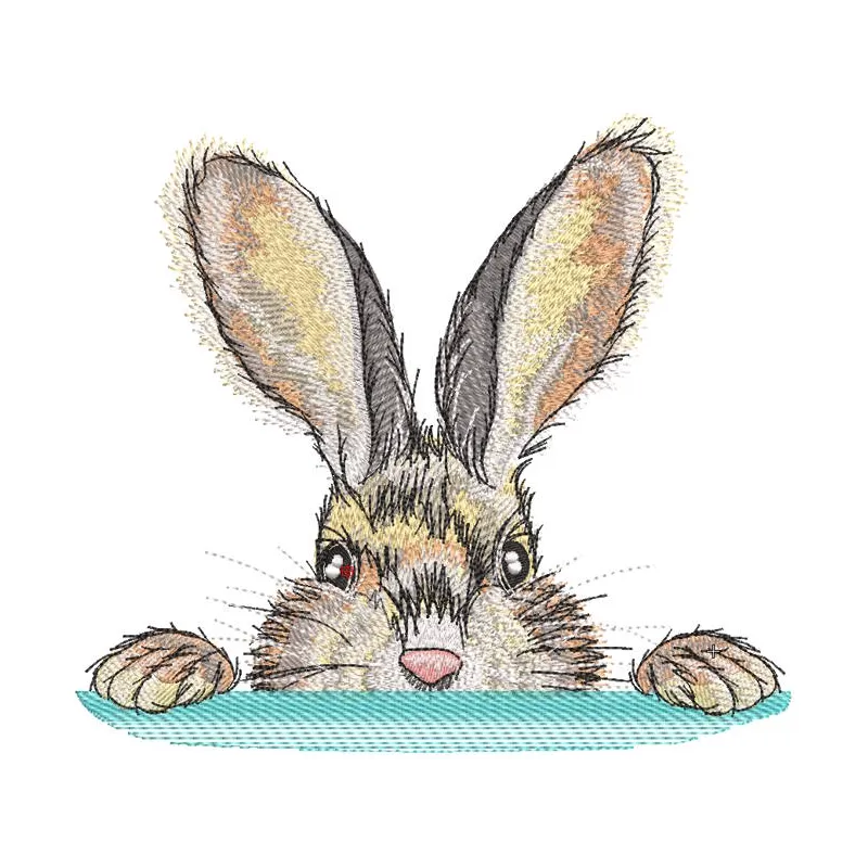 Hiding bunny embroidery design featuring a cute, whimsical bunny peeking from behind colorful flowers.