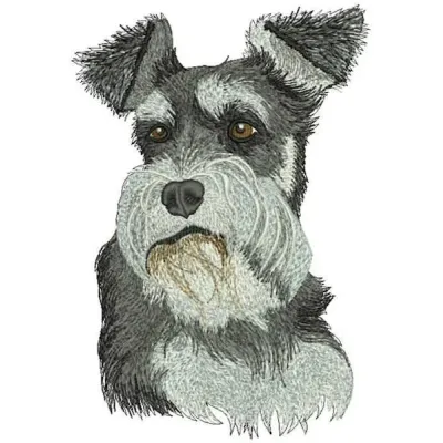 Embroidery design featuring a Standard Schnauzer dog in a playful pose, showcasing detailed stitching and texture.