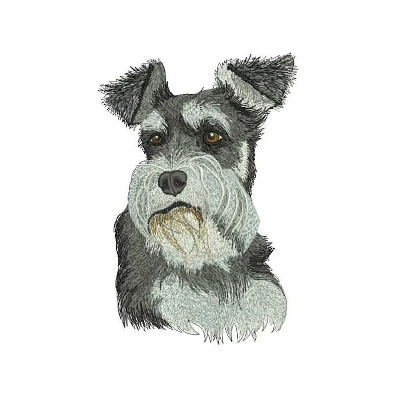 Embroidery design featuring a Standard Schnauzer dog in a playful pose, showcasing detailed stitching and texture.