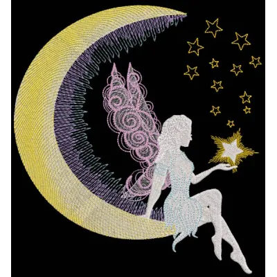 Fairy crescent star embroidery design featuring delicate stitching of a fairy silhouette and crescent moon.