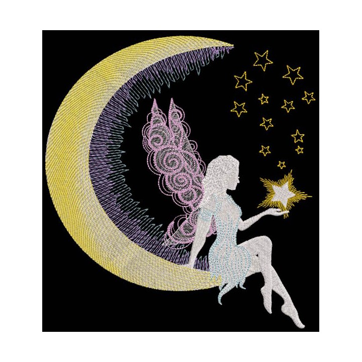 Fairy crescent star embroidery design - Embroidery Design