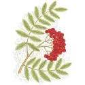 Ripe mountain ash embroidery design featuring vibrant berries and leaves on a light summer fabric background.