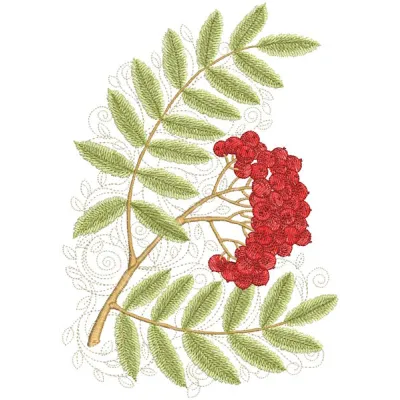 Ripe mountain ash embroidery design featuring vibrant berries and leaves on a light summer fabric background.