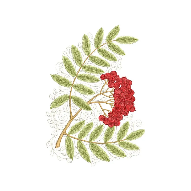 Ripe mountain ash embroidery design featuring vibrant berries and leaves on a light summer fabric background.