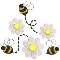 Bumble Bee and Daisy Flowers embroidery design featuring a vibrant bee hovering over delicate daisies.