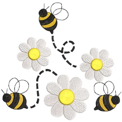 Bumble Bee and Daisy Flowers embroidery design featuring a vibrant bee hovering over delicate daisies.