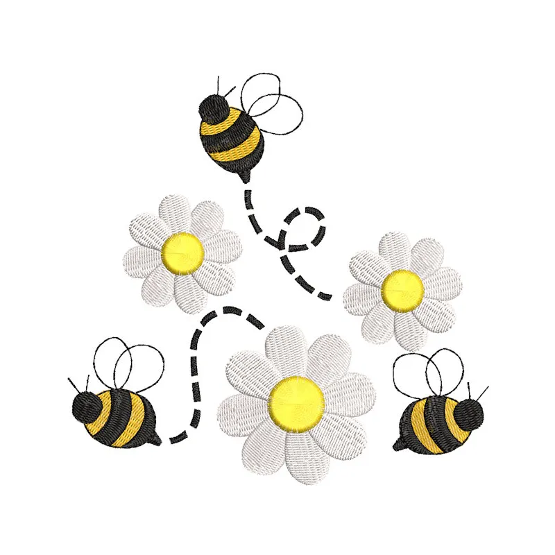 Bumble Bee and Daisy Flowers embroidery design featuring a vibrant bee hovering over delicate daisies.