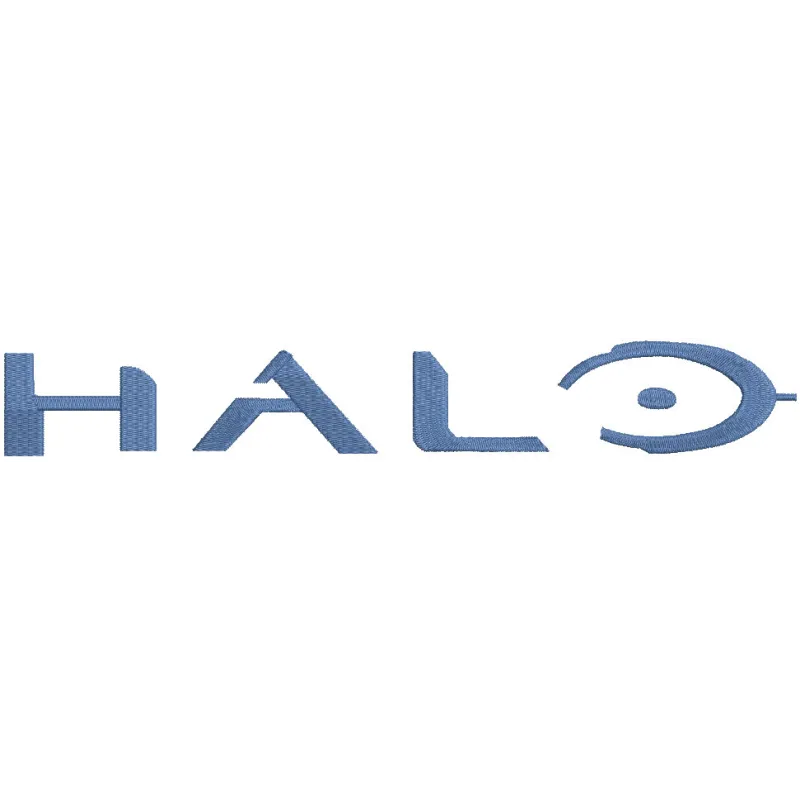Embroidery design of the Halo game logo featuring iconic green and black colors on a textured background.