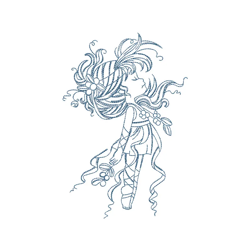 Outline embroidery design of a flying girl, showcasing delicate stitching and graceful movement.