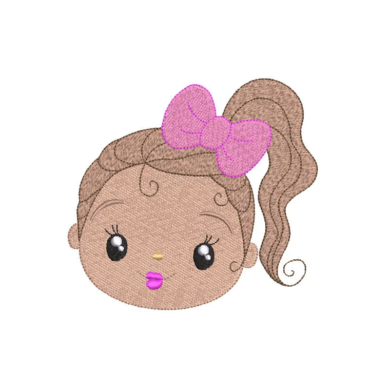 Close-up of a little girl face embroidery design on fabric, showcasing intricate stitching and vibrant colors.