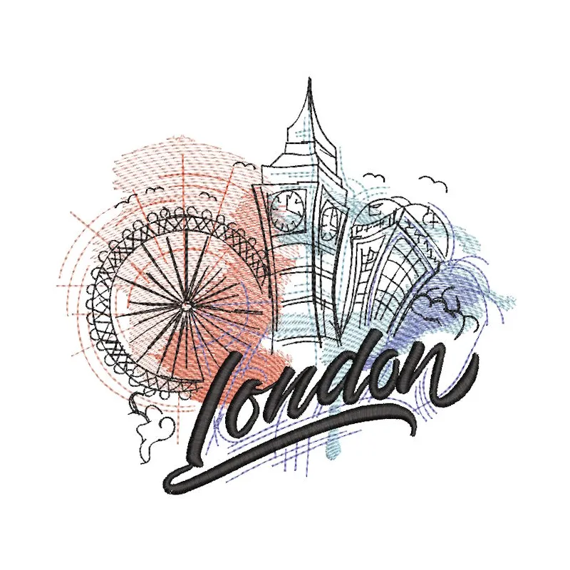 A detailed London quick sketch embroidery design featuring iconic landmarks and intricate stitching patterns.