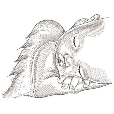 Greyscale sketch embroidery design of a sleeping angel, ideal for baby-themed decor or gifts.