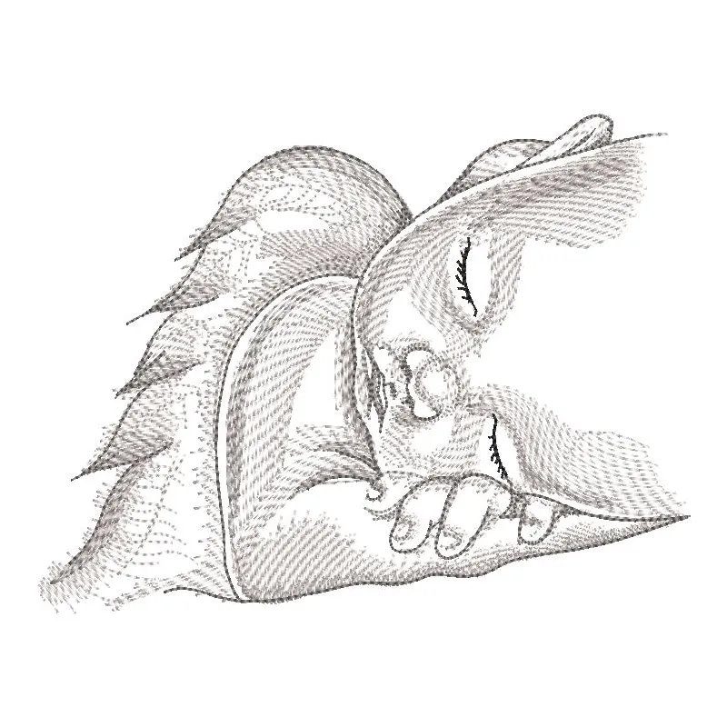 Greyscale sketch embroidery design of a sleeping angel, ideal for baby-themed decor or gifts.