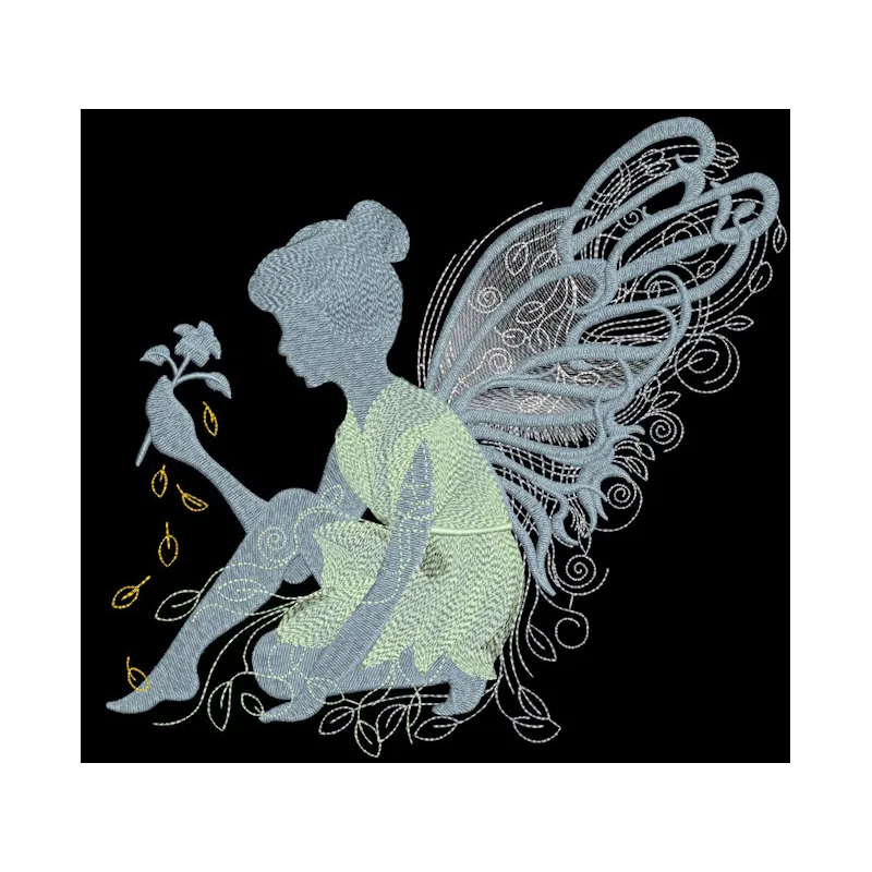 A delicate forest fairy adorned with intricate rose embroidery, showcasing enchanting details and vibrant colors.