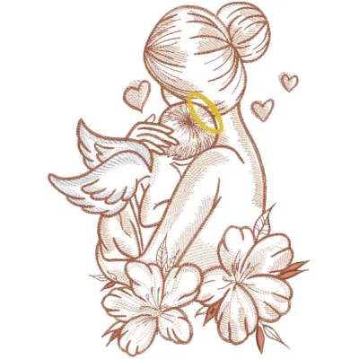Mother and baby angel embroidery design featuring a tender embrace, showcasing delicate stitching and soft colors.