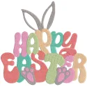 Happy Easter bunny ears and paws embroidery design featuring colorful stitching on a soft fabric background.