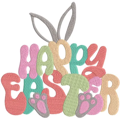 Happy Easter bunny ears and paws embroidery design featuring colorful stitching on a soft fabric background.