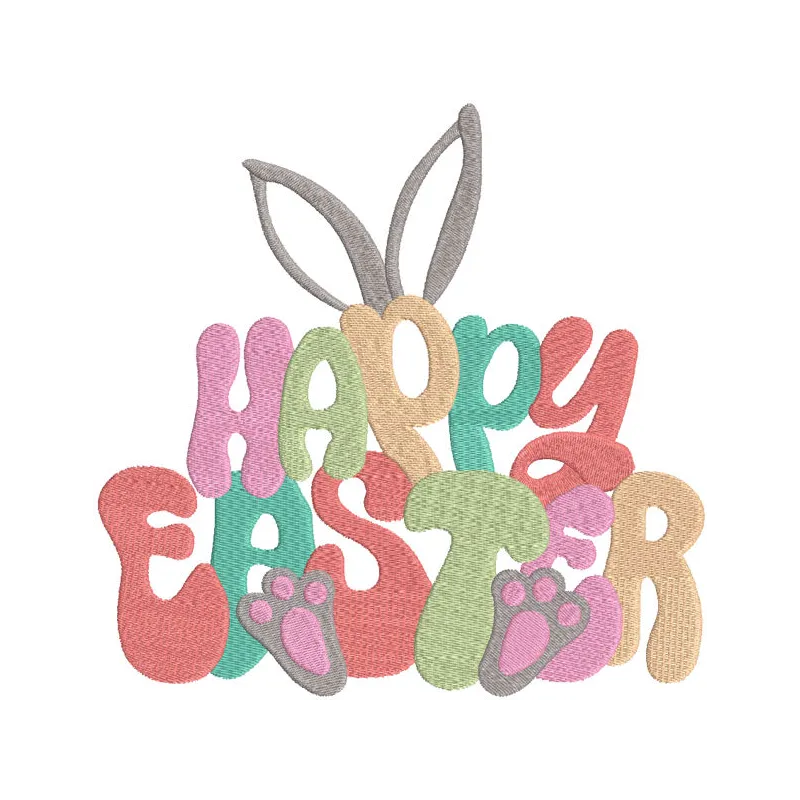 Happy Easter bunny ears and paws embroidery design featuring colorful stitching on a soft fabric background.
