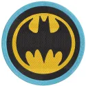 Batman round badge embroidery design featuring the iconic Batman logo in black and yellow on a circular patch.