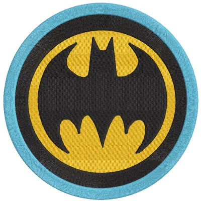 Batman round badge embroidery design featuring the iconic Batman logo in black and yellow on a circular patch.