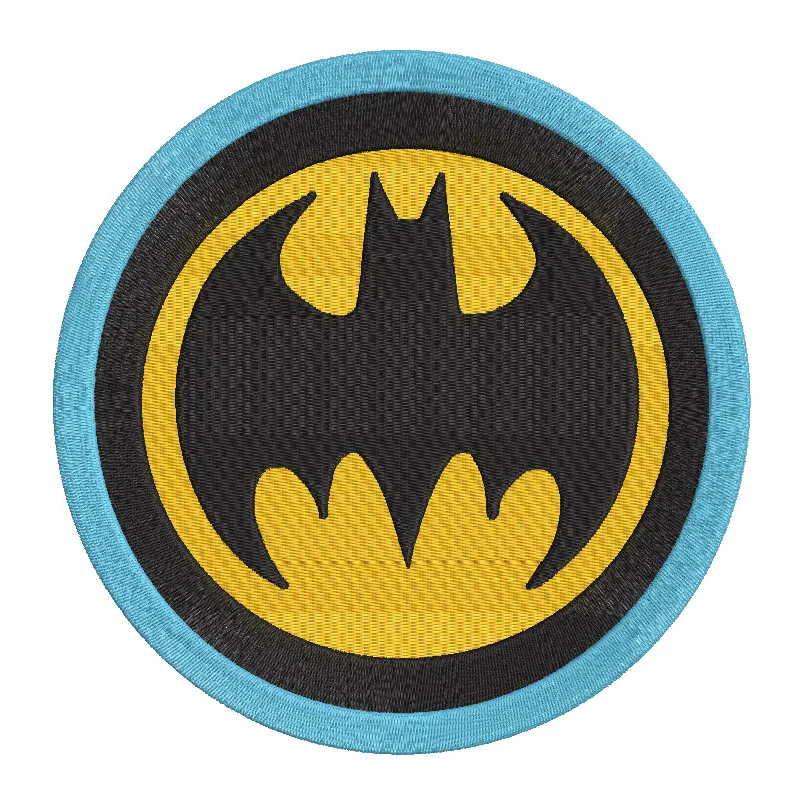 Batman round badge embroidery design featuring the iconic Batman logo in black and yellow on a circular patch.
